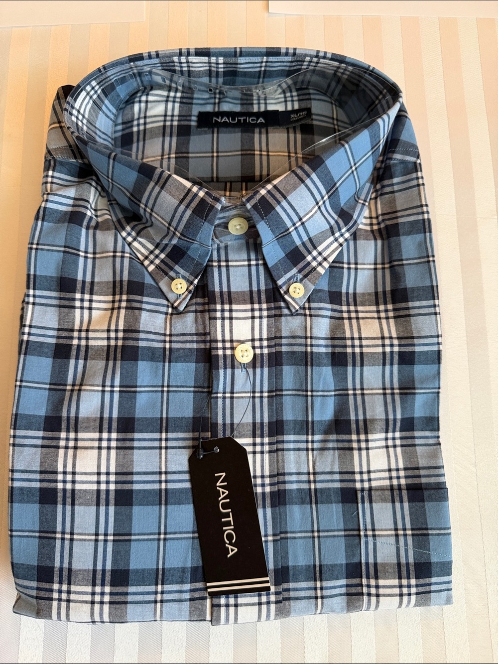 Nautica Men's Light Blue and Navy Plaid Button-Down Shirt, Short Sleeve